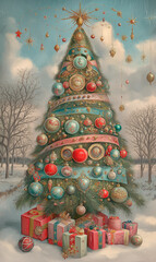 Christmas tree and gifts in forest.