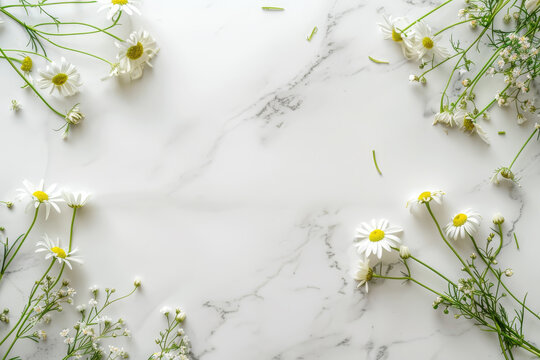 A white background with a bunch of flowers in the foreground