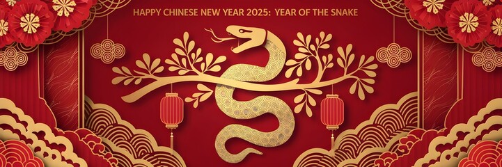 Fototapeta premium Happy Chinese New Year 2025 Year of the Snake in Red and Gold Paper Cut Style