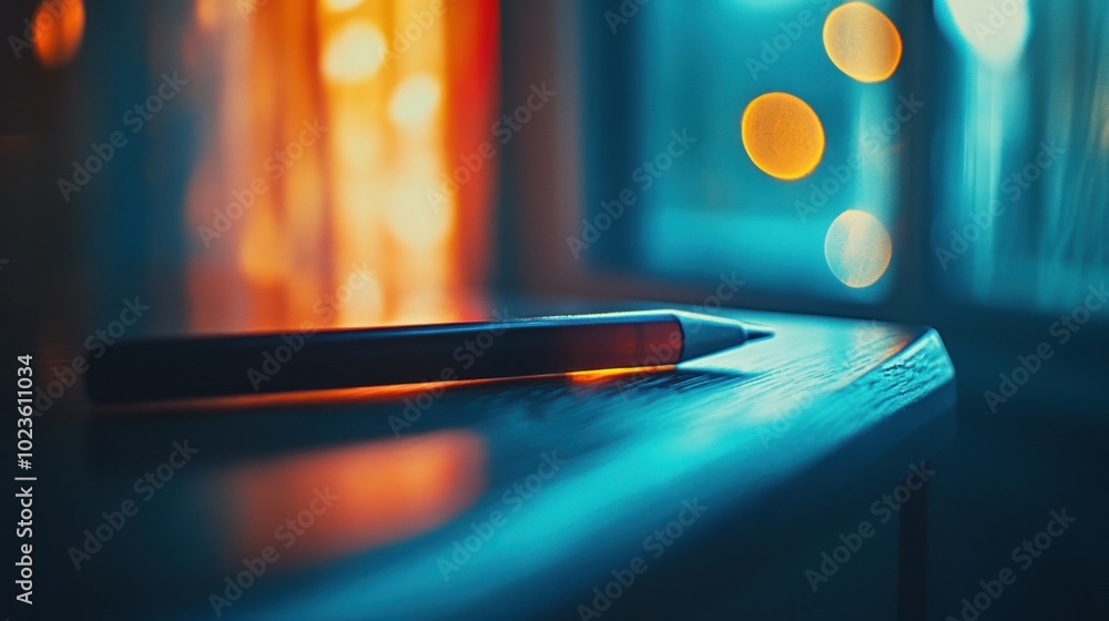 Poster a pen resting on a wooden surface with soft bokeh lights in the background.