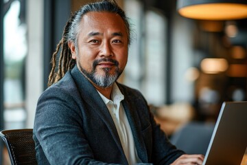 A man with dreadlocks wearing a blazer sits at a table with a laptop