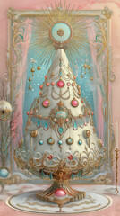 Surrealistic white christmas treeon pale pink background.