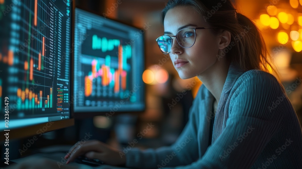 Poster a woman is sitting in front of two computer monitors