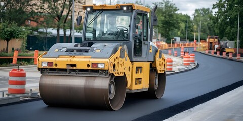 Heavy Roller Compactor Pressing Asphalt for Urban Infrastructure Development