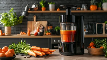 Carrot juice. Process preparation of fresh juice in juicer. Process of making juice in a juicer.