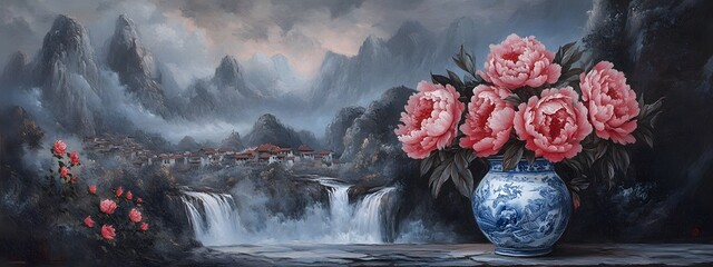 A vase of coral pink peonies stands on the table, surrounded by mountains and rivers in the style of ancient Chinese landscape painting