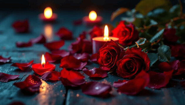 Rote Rosen und Kerzenlicht in mystischer Stimmung. Allerheiligen 