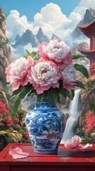 A vase of coral pink peonies stands on the table, surrounded by mountains and rivers in the style of ancient Chinese landscape painting