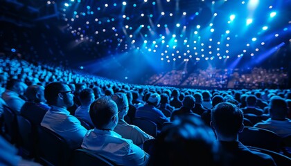 Engaged audience at conference listening to keynote speaker delivering inspiring presentation