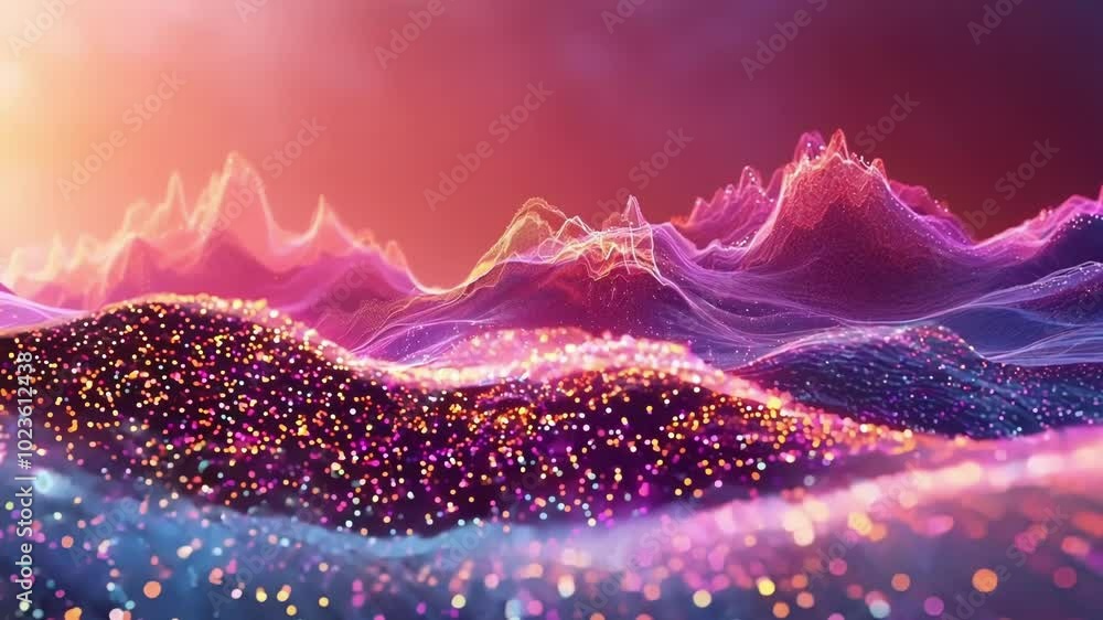 Poster digital wave of data forms peaks and valleys, representing the flow of information in a technologica
