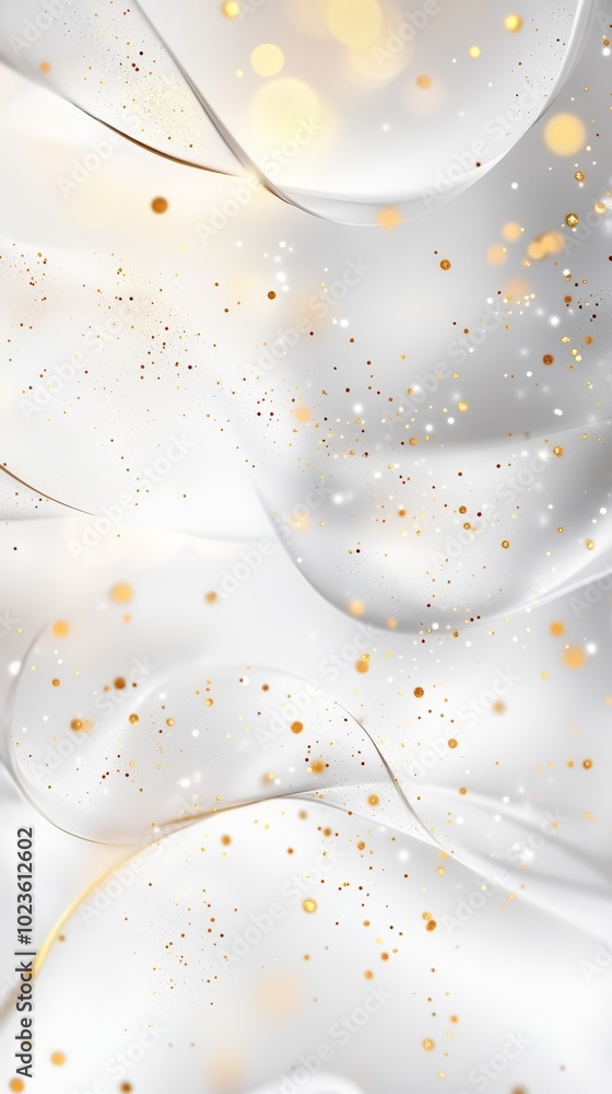 Poster elegant gold and white abstract background with sparkles and flowing textures.