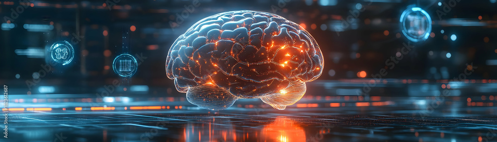 Poster holographic brain interface with glowing neural networks: camera pans across glossy surface reflecti
