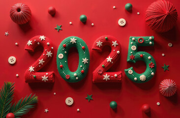 Number (digit) 2025 represents happy year digits connected 3D-rendering woolen threads red and green color, snow, snowflakes are embroidered digits, buttons sewn. Handmade