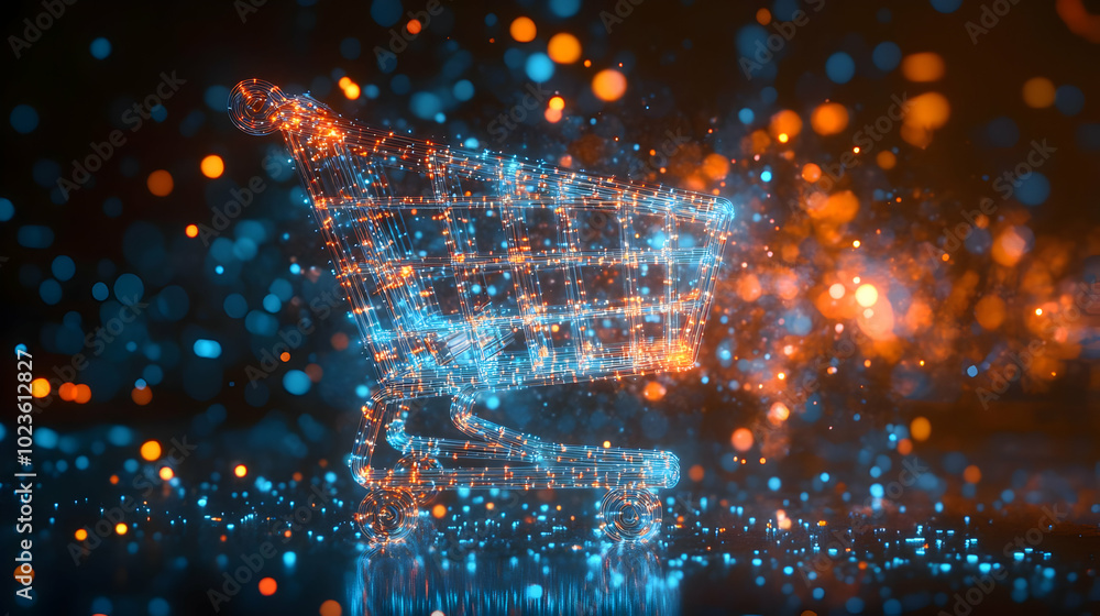 Poster 3d blurred shopping cart with data stream trail: dynamic e-commerce scene as camera follows movement