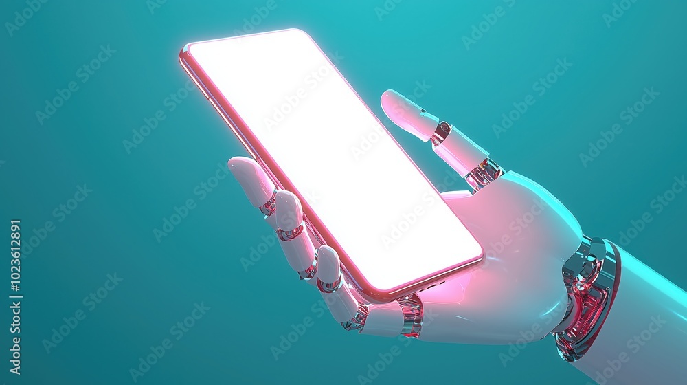 Poster the future is in your hands: a robotic hand holds a glowing smartphone, showcasing the seamless inte