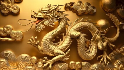 Obraz premium Majestic Intricately Designed Golden Dragon Sculpture in Asian Ornamental Style