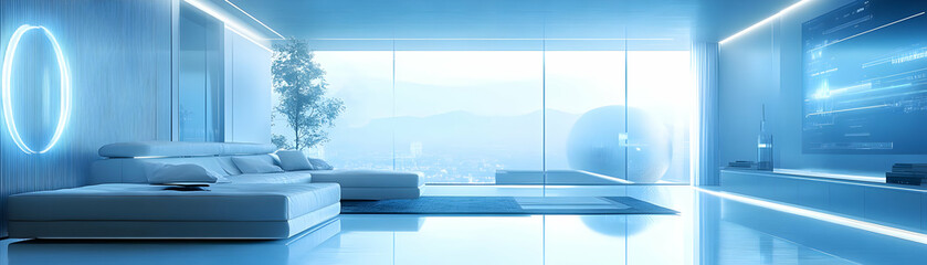 Futuristic Smart Home Living Room Concept with Integrated Technology and Glossy Surfaces - Perfect for Modern Living and IoT Innovations in Photo Stock