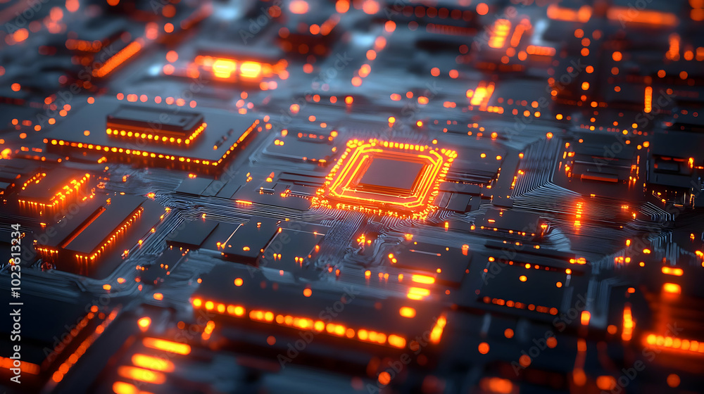Poster 3d nano circuitry in action: camera zooms to reveal pulsating microscopic patterns, showcasing cutti