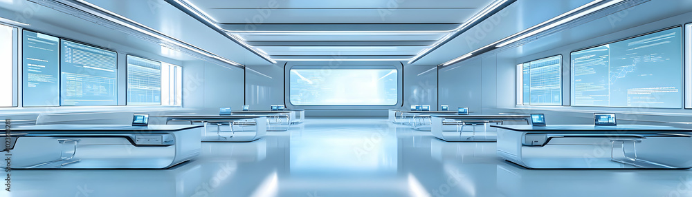 Poster futuristic high-tech classroom: interactive glossy surfaces and digital learning environments for in