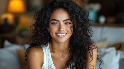 Smiling woman with curly black hair sitting indoors