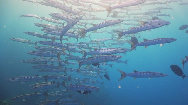 Flock of Barracudas near Coral Reefs