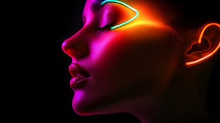 Female Face Illuminated in Neon Form, Black Background, Abstract Image, Texture, Pattern Background, Wallpaper, Cover and Screen of Smartphone, PC, Laptop, 9:16 and 16:9 Format