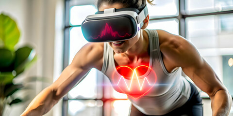 Futuristic Close-Up of Virtual Reality Fitness Experience with Real-Time Heart Rate and Calorie Metrics � Ideal for VR Fitness App Advertising and Health Tracking