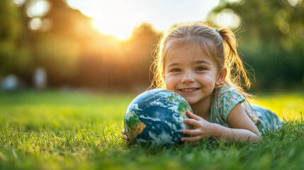 Fototapeta premium smiling young girl hugging a earth outdoors, generative ai