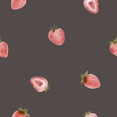 Strawberries watercolor seamless pattern on a dark background. Hand drawn fruit digital paper texture. 