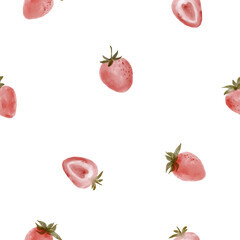 Strawberries watercolor seamless pattern on a white background. Hand drawn fruit digital paper texture. 