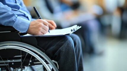 Professional in Wheelchair Writing Notes During Office Meeting