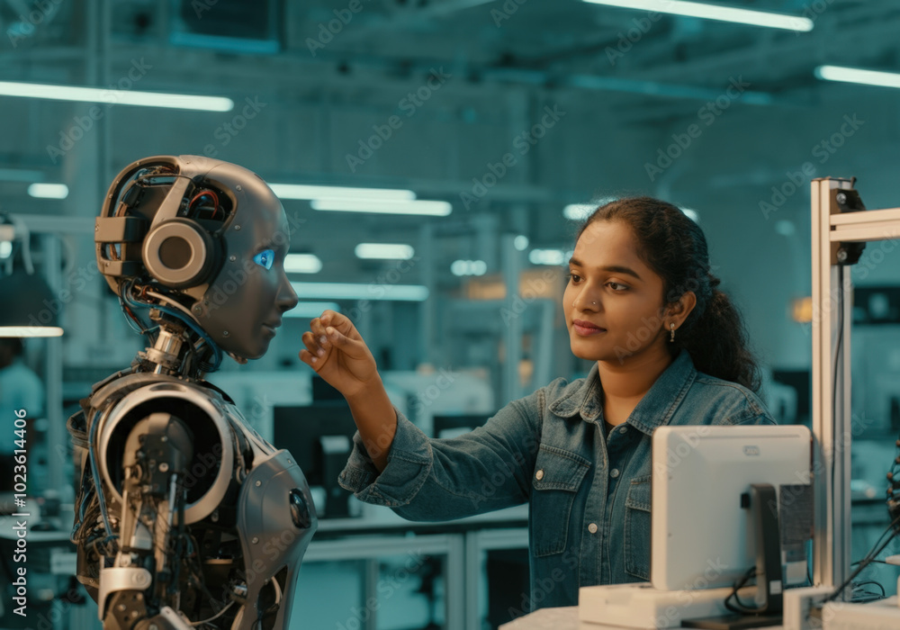 Aufkleber young female electronics engineer working on a sensor of a futuristic robot being developed in a res