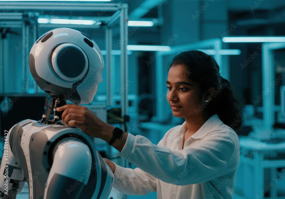 Poster electronics engineer working on a futuristic robot in a modern laboratory
