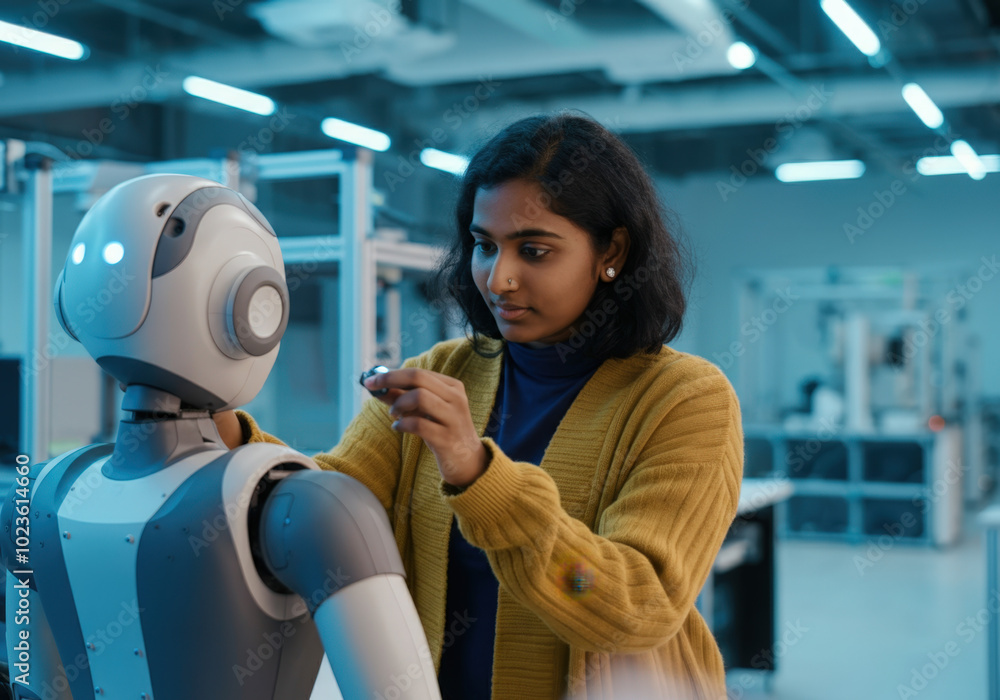 Poster electronics engineer working on a robot in a modern laboratory, developing innovative technologies