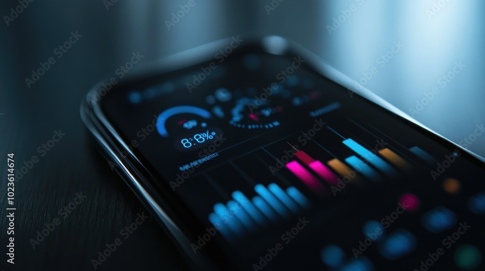 Poster Smartphone Displaying Data Visualization with Bar Graphs and a Circular Gauge