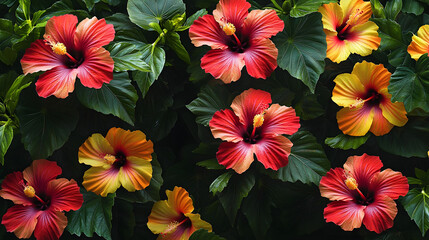 A tropical background of hibiscus flowers in bright reds and yellows with lush green leaves