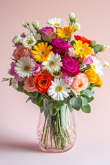 Vase with colorful flowers including roses and daisies on light background
