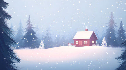 A winter holiday background with snowflakes falling gently and a cozy cabin in the distance