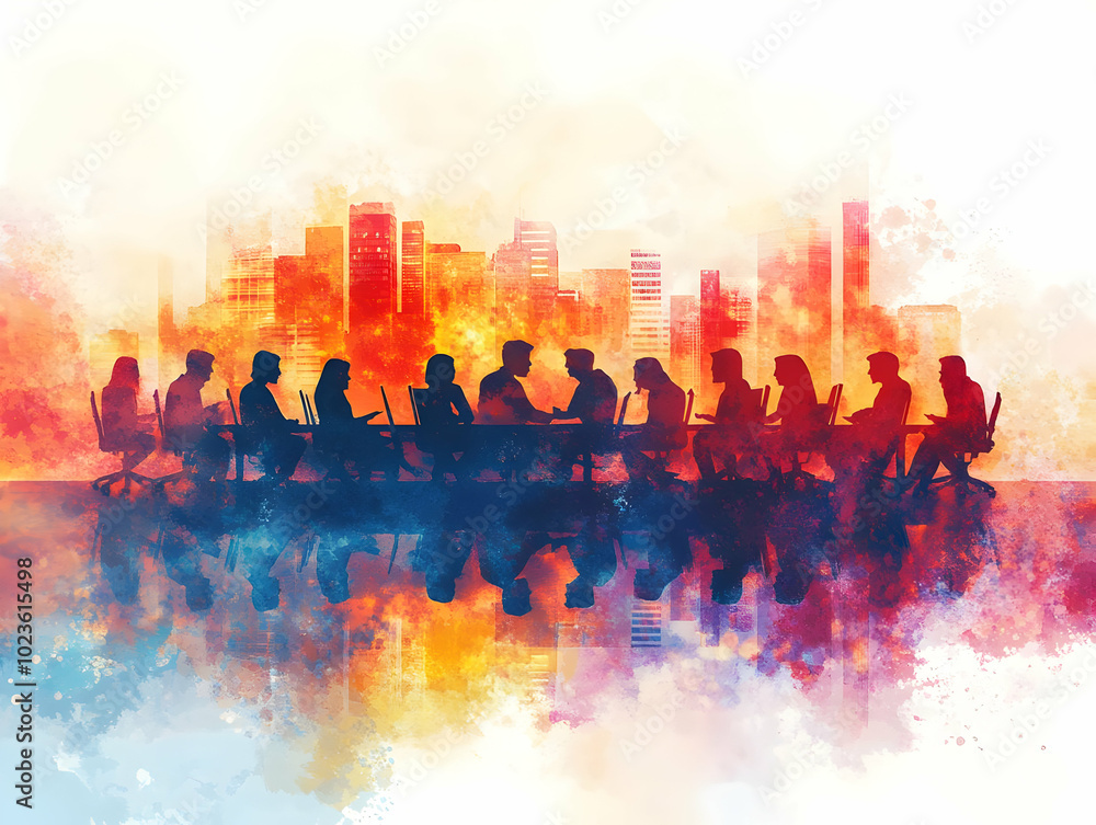 Poster flat business team silhouettes engaged in discussion around table with abstract bokeh background � m