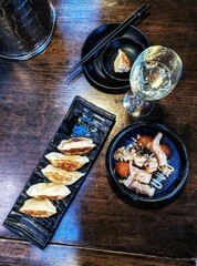 Top View of Authentic Japanese Cuisine: Gyoza and Takoyaki