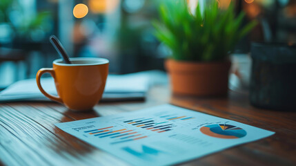 A coffee cup sits on a table next to a piece of paper with a pie chart on it