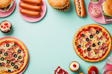 Variety of fast food items including pizza, burgers, and hotdogs on pink background