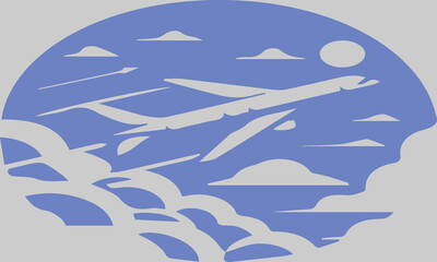 This vector illustration features a white plane gliding gracefully across a bright blue sky, passing through a stretch of fluffy white clouds. This minimalist and elegant design gives the impression