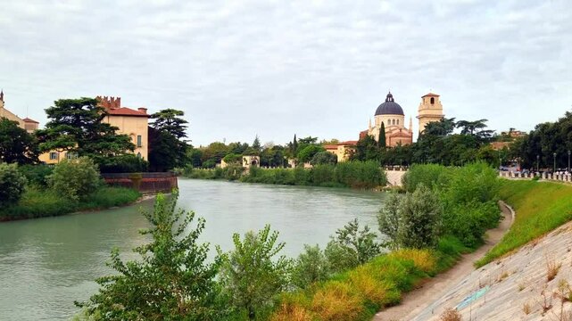 Verona - Italy - View over the river Adige to the Parrocchia di San Giorgio in Braida