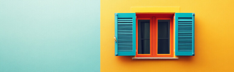 Obraz premium Window with open shutters on bright color wall background