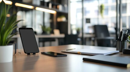 Two Smartphones and Office Supplies on a Wooden Desk