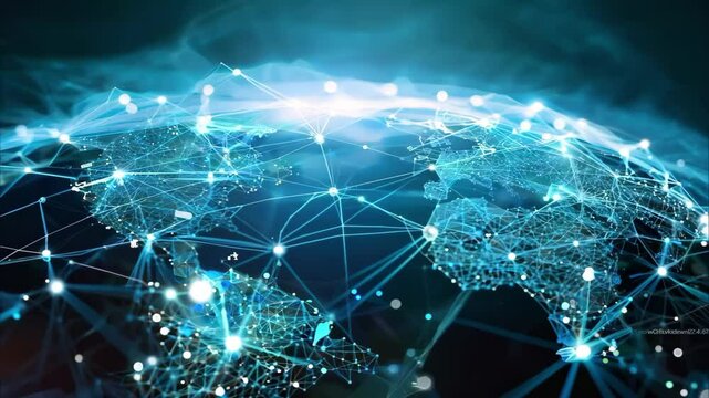 A digital representation of Earth highlighting interconnected networks and data flow across continents.