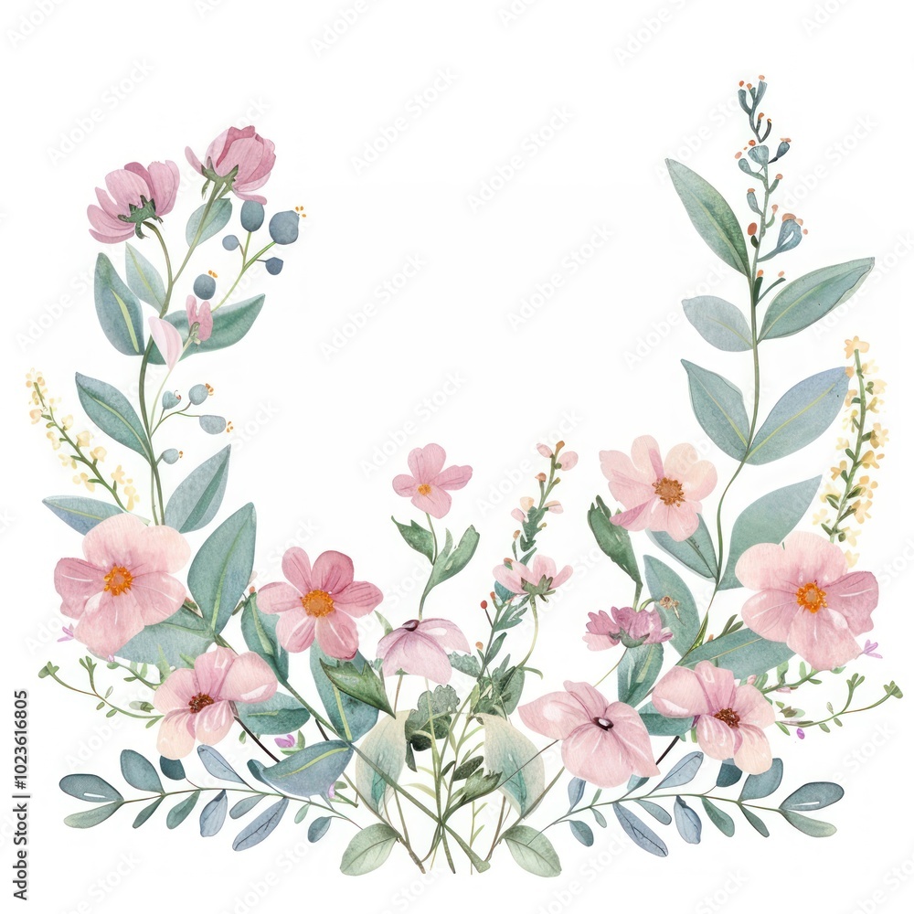 Wall mural Ribbon with wildflower border pattern plant white background.