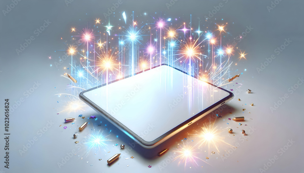 Poster flat tablet with holographic sparklers concept - a simple vector illustration of a tablet on a white