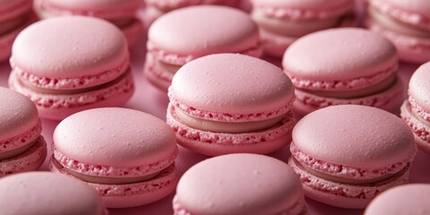 Obraz premium Delicious pink macarons arranged beautifully on a pastel background.